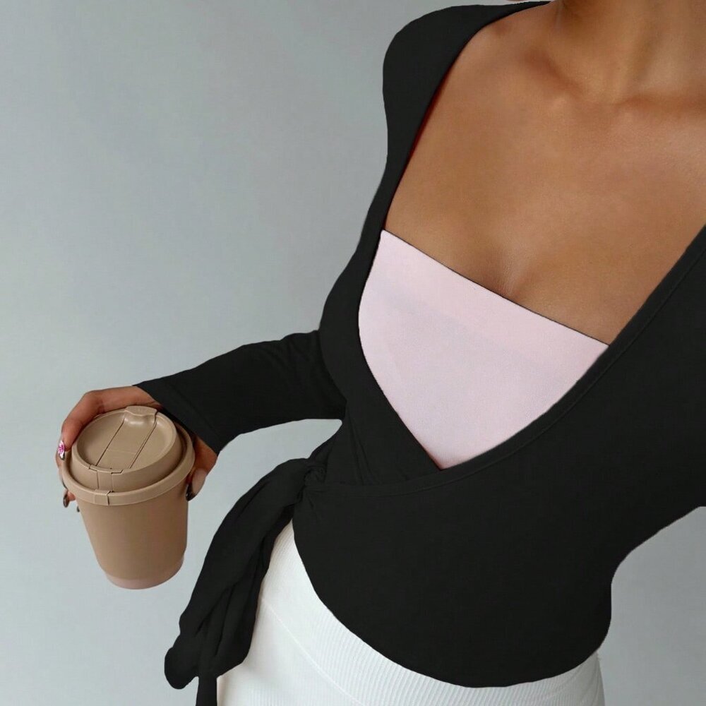 Black Casual Women's Yoga Tie-Up V-Neck Wrap Long Sleeve Cropped Tee - Picture 3 of 6
